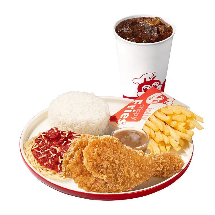 1-pc. Chickenjoy, Half Jolly Spaghetti, Fries w/ Rice & Drink