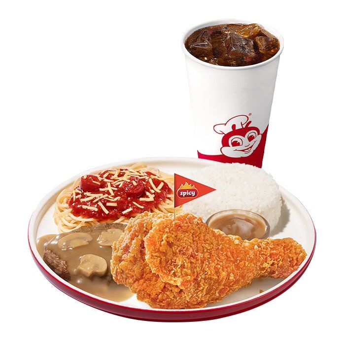 1-pc. Spicy Chickenjoy, Half Jolly Spaghetti, Burger Steak with Rice and Reg....
