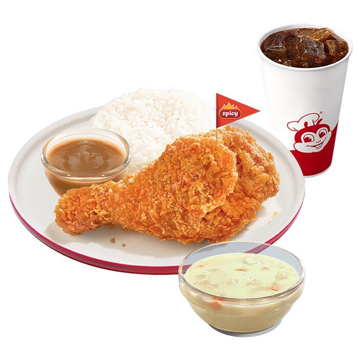 1 - pc. Spicy Chickenjoy w/ Chicken Macaroni Soup & Drink