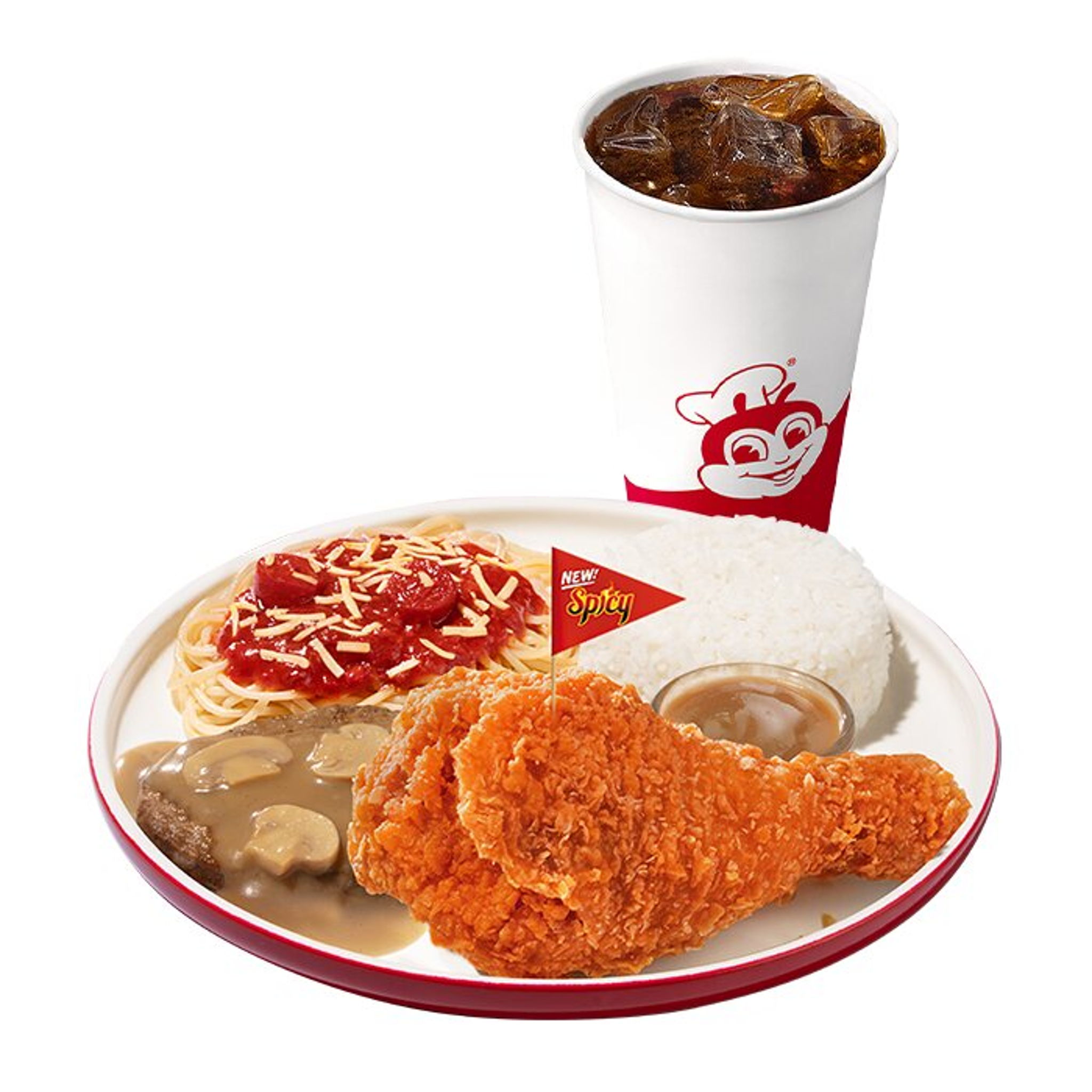 1-pc. Crispy Hot Chickenjoy, Half Jolly Spaghetti, Burger Steak with ...