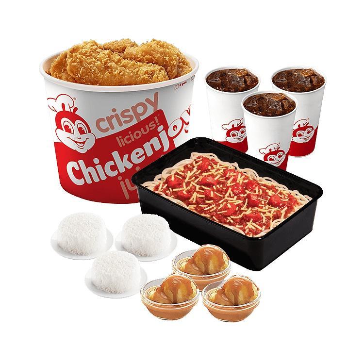 6-pc Chickenjoy w/ Jolly Spaghetti Pan, 3 Rice, 3 Sides and 3 Drinks