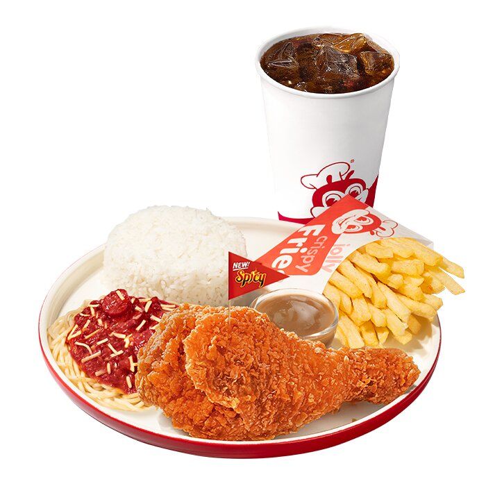 1-pc. Crispy Hot Chickenjoy, Half Jolly Spaghetti, Reg. Fries with Rice and R...