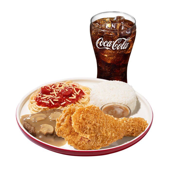 1-pc. Chickenjoy, Half Jolly Spaghetti, Burger Steak with Rice and Reg. Drink