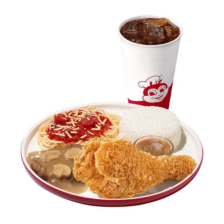 1-pc. Chickenjoy, Half Jolly Spaghetti, Burger Steak w/ Rice & Drink