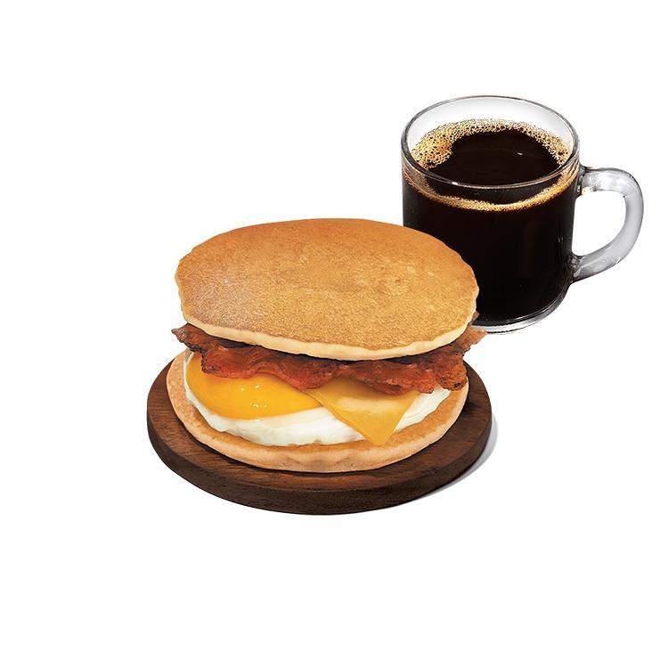 Bacon, Egg, & Cheese Pancake Sandwich w/ Drink